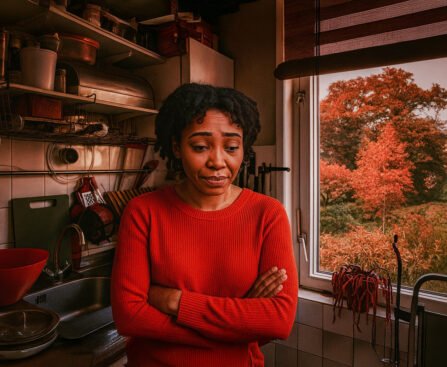 Vrouw staat met gekruiste armen in een kleine keuken en kijkt bezorgd naar beneden, terwijl buiten herfstbomen zichtbaar zijn.
