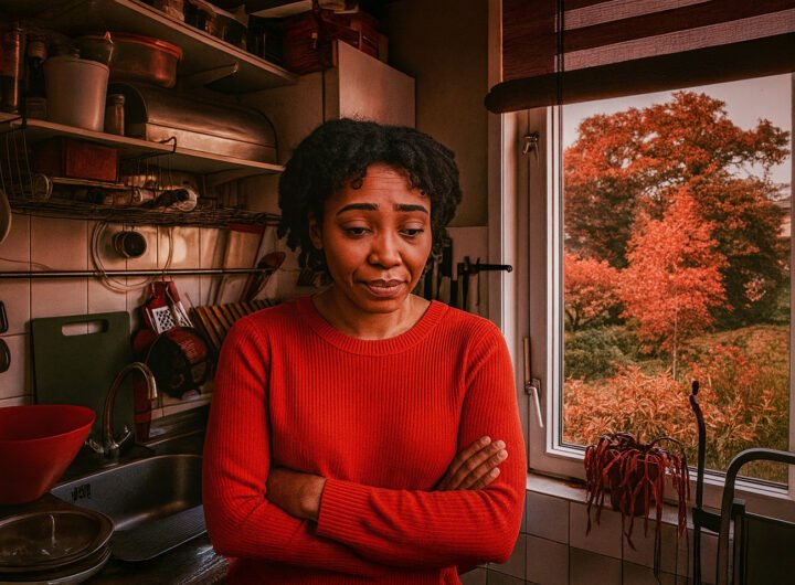 Vrouw staat met gekruiste armen in een kleine keuken en kijkt bezorgd naar beneden, terwijl buiten herfstbomen zichtbaar zijn.