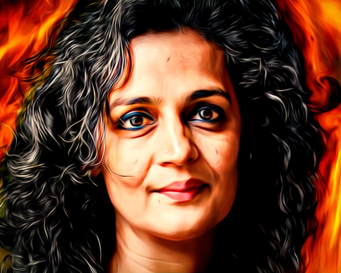 Portret van Arundhati Roy met vurige achtergrond