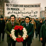 Demonstratie van gastarbeiders in Amsterdam tegen slechte huisvesting, met spandoek en rouwkrans.