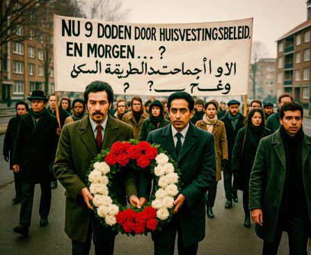 Demonstratie van gastarbeiders in Amsterdam tegen slechte huisvesting, met spandoek en rouwkrans.