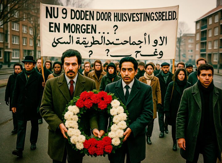 Demonstratie van gastarbeiders in Amsterdam tegen slechte huisvesting, met spandoek en rouwkrans.