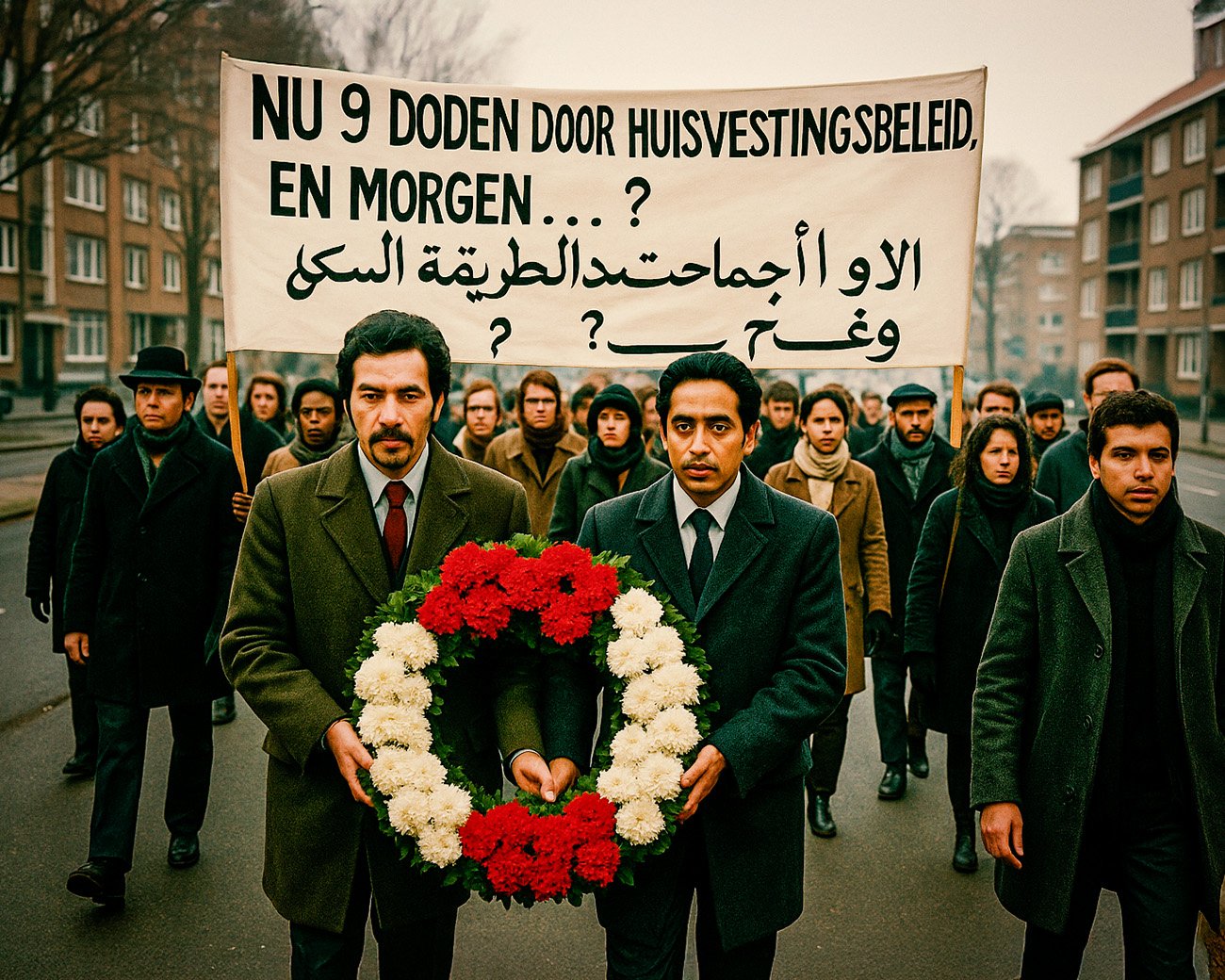 Demonstratie van gastarbeiders in Amsterdam tegen slechte huisvesting, met spandoek en rouwkrans.