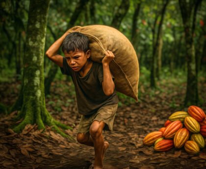 Jongen draagt zware jutezak op cacaoplantage met stapel cacaopeulen op de grond