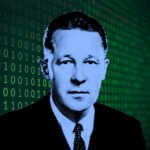 Portret van Leonard E. Read met binaire code als achtergrond, symbool voor zijn invloed op marktdenken en digitale economie