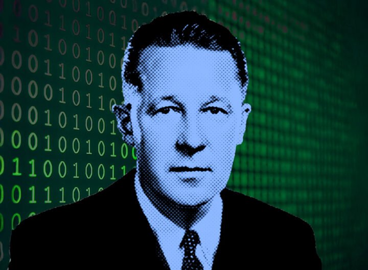 Portret van Leonard E. Read met binaire code als achtergrond, symbool voor zijn invloed op marktdenken en digitale economie