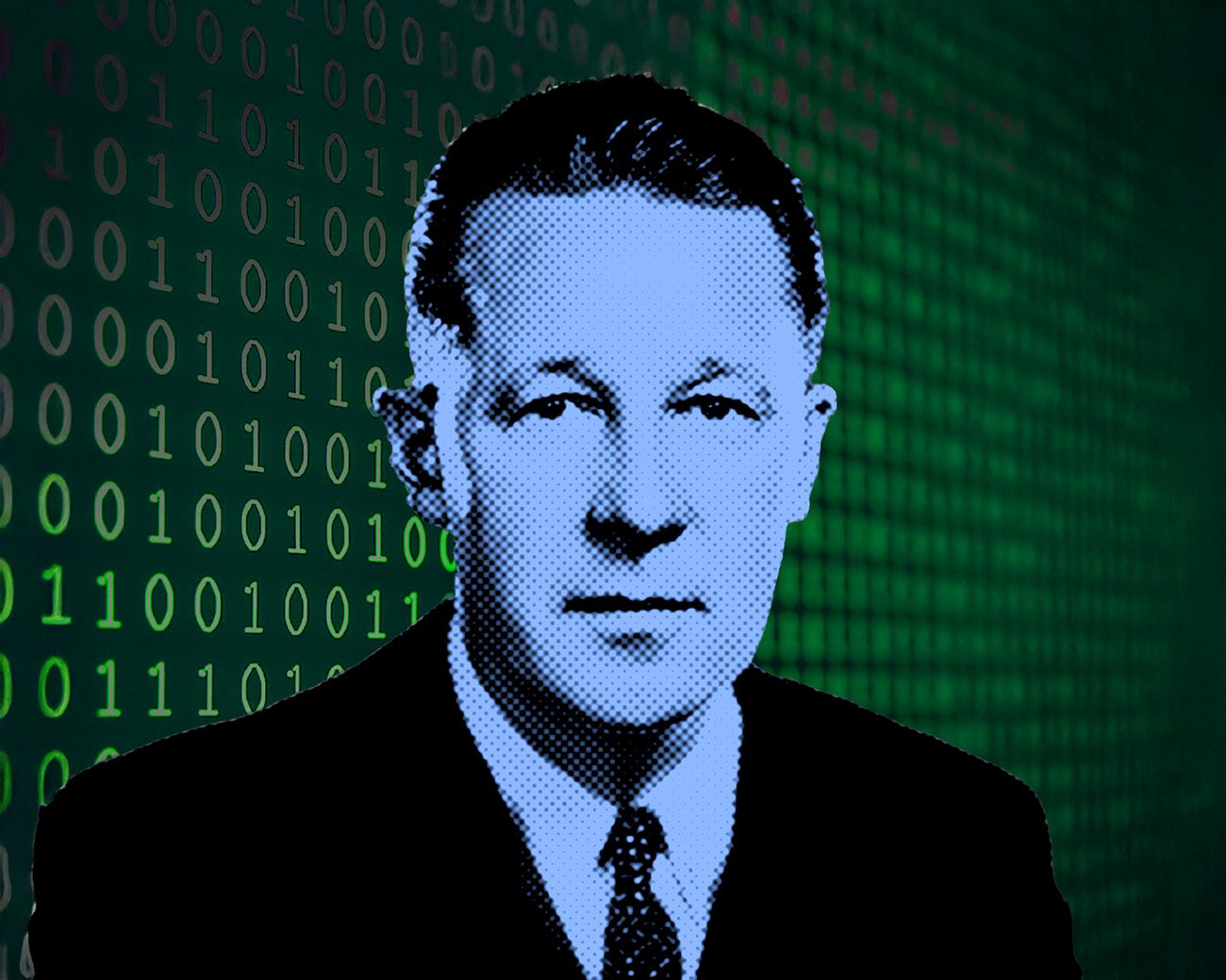 Portret van Leonard E. Read met binaire code als achtergrond, symbool voor zijn invloed op marktdenken en digitale economie