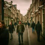 Straat in Nederland met meerdere beveiligingscamera’s en voorbijlopende mensen met vervaagde gezichten