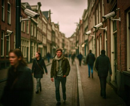 Straat in Nederland met meerdere beveiligingscamera’s en voorbijlopende mensen met vervaagde gezichten