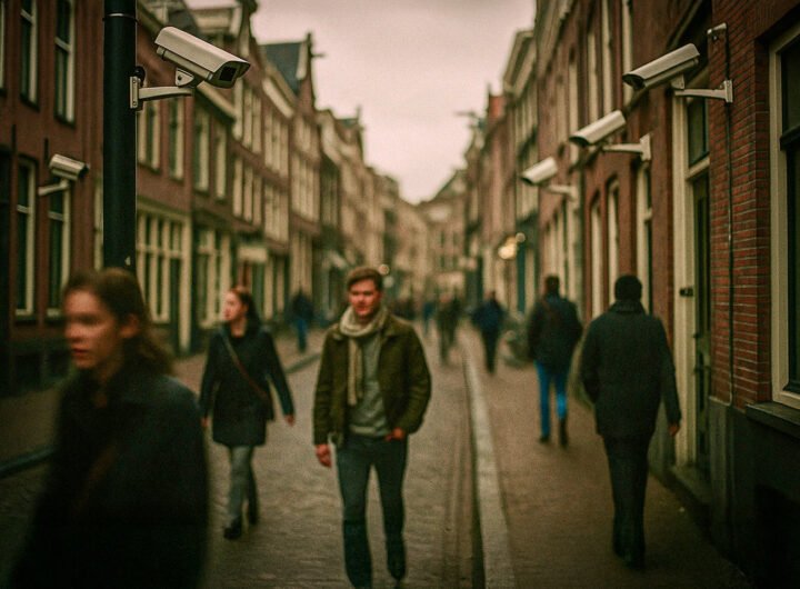 Straat in Nederland met meerdere beveiligingscamera’s en voorbijlopende mensen met vervaagde gezichten
