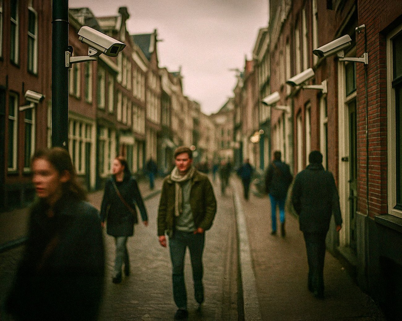 Straat in Nederland met meerdere beveiligingscamera’s en voorbijlopende mensen met vervaagde gezichten