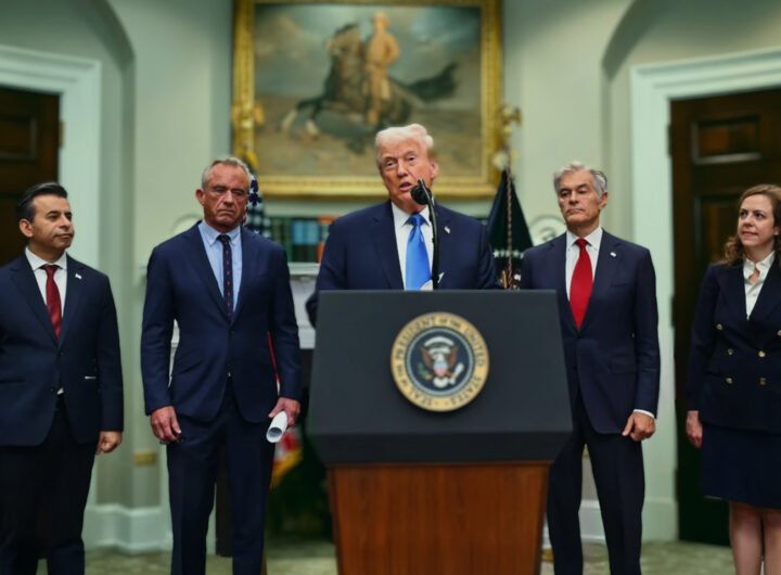 Donald Trump spreekt tijdens persconferentie over paracetamol en autisme, geflankeerd door figuren zonder medisch-wetenschappelijke achtergrond