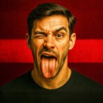 Man met uitgestoken tong als symbool voor satire en vrije meningsuiting