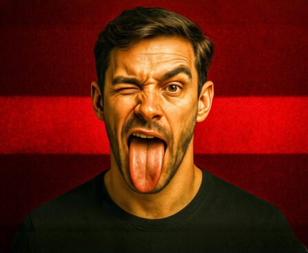 Man met uitgestoken tong als symbool voor satire en vrije meningsuiting