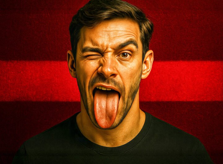 Man met uitgestoken tong als symbool voor satire en vrije meningsuiting