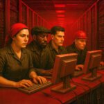 Arbeiders achter computers in een serverruimte als symbool van moderne arbeid en solidariteit