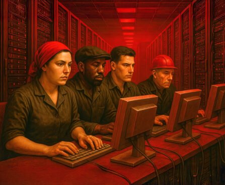 Arbeiders achter computers in een serverruimte als symbool van moderne arbeid en solidariteit