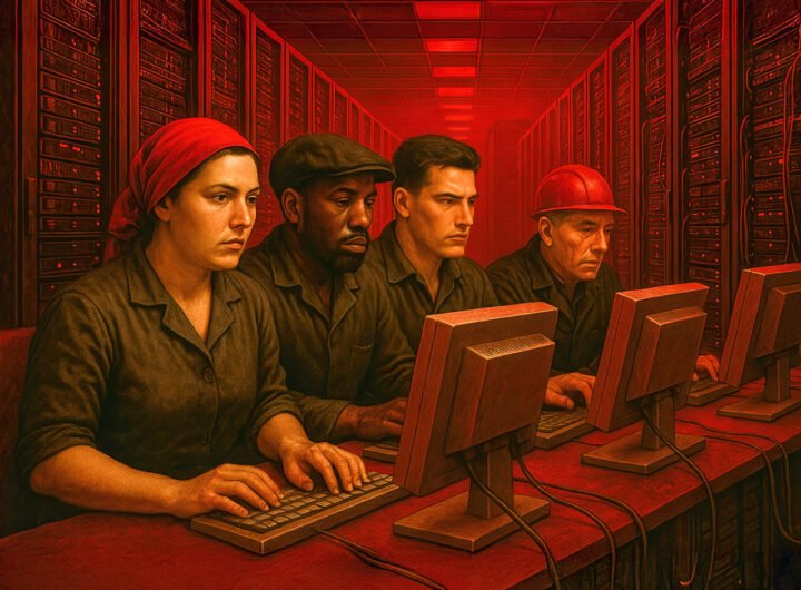 Arbeiders achter computers in een serverruimte als symbool van moderne arbeid en solidariteit