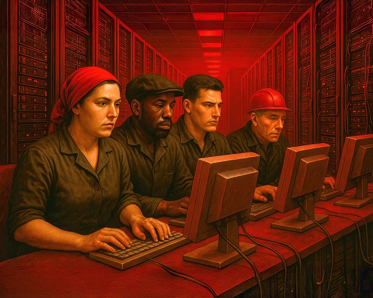 Arbeiders achter computers in een serverruimte als symbool van moderne arbeid en solidariteit