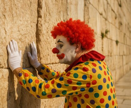 Clown in kleurrijk kostuum die met zijn handen tegen de Klaagmuur leunt.