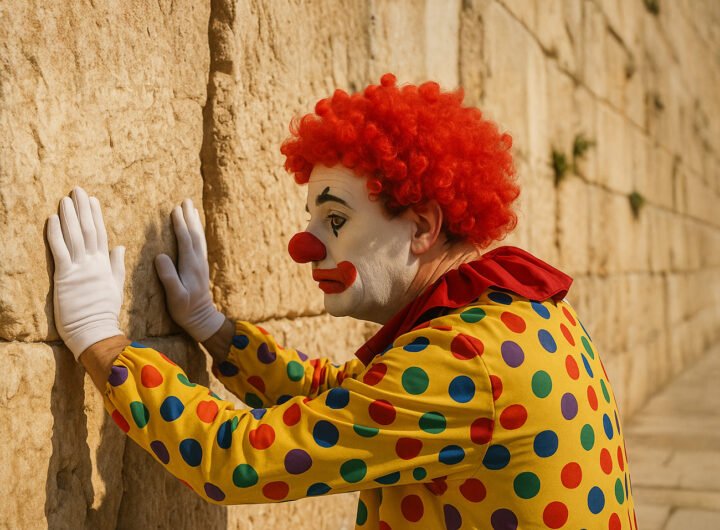Clown in kleurrijk kostuum die met zijn handen tegen de Klaagmuur leunt.