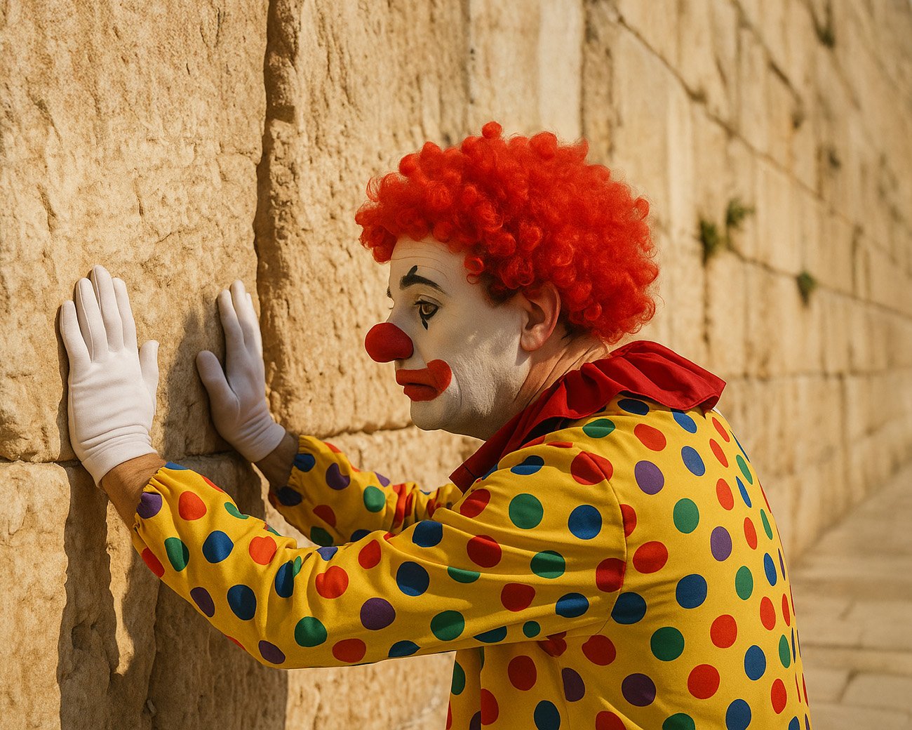 Clown in kleurrijk kostuum die met zijn handen tegen de Klaagmuur leunt.
