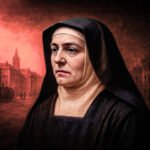 Portret van Edith Stein in kloosterhabijt, met achtergrond van oorlog en verwoesting.