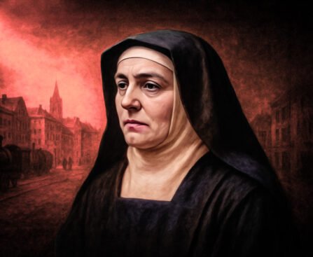 Portret van Edith Stein in kloosterhabijt, met achtergrond van oorlog en verwoesting.