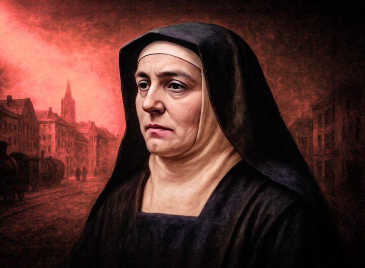 Portret van Edith Stein in kloosterhabijt, met achtergrond van oorlog en verwoesting.