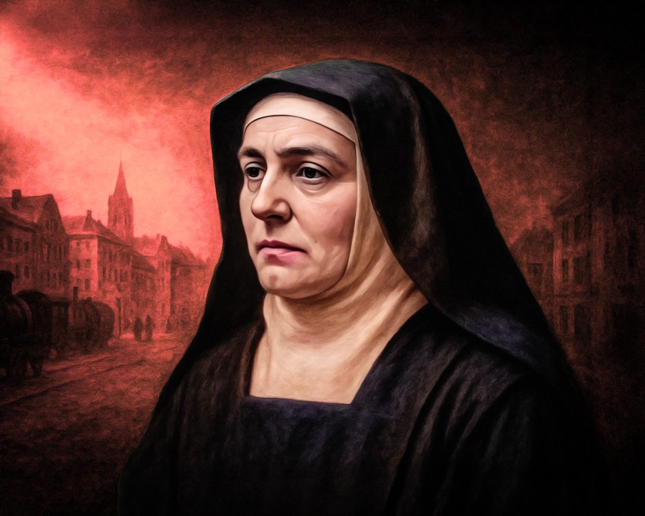 Portret van Edith Stein in kloosterhabijt, met achtergrond van oorlog en verwoesting.
