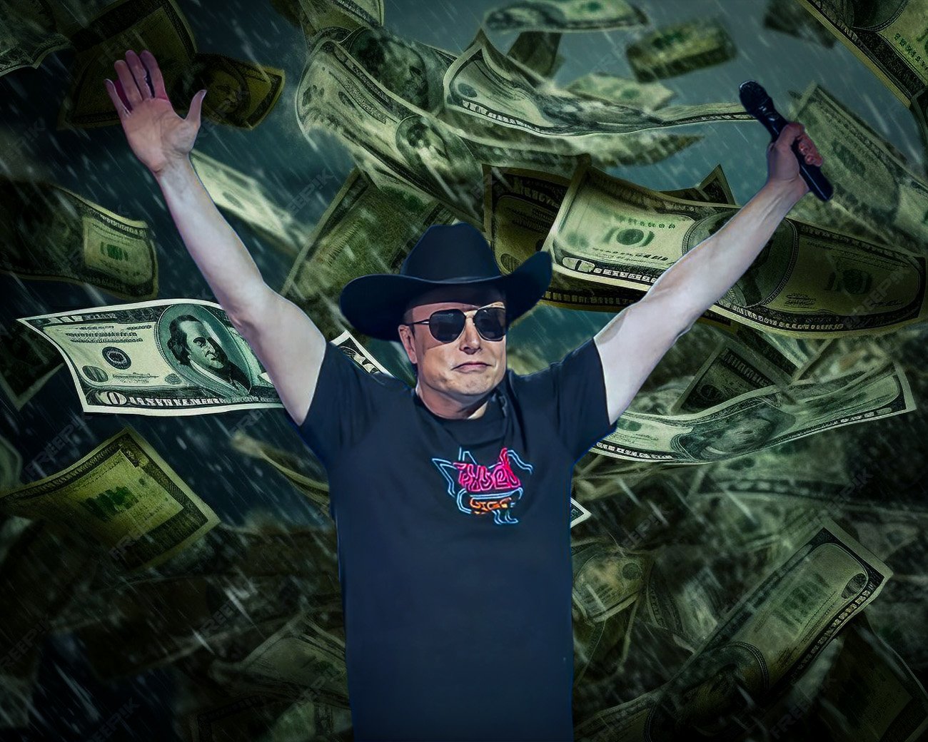 Elon Musk met opgeheven armen terwijl dollars om hem heen vallen, symbool voor zijn miljardeneis bij Tesla.