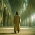 Jezus van achteren gezien in een lege kerk, omgeven door licht en stilte