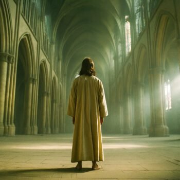 Jezus van achteren gezien in een lege kerk, omgeven door licht en stilte