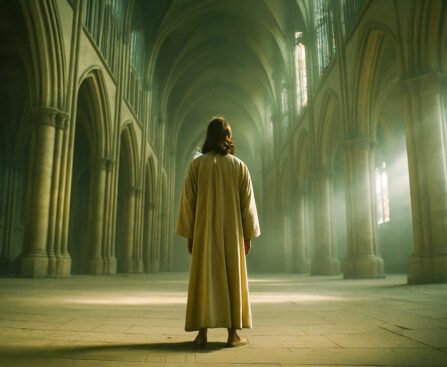 Jezus van achteren gezien in een lege kerk, omgeven door licht en stilte