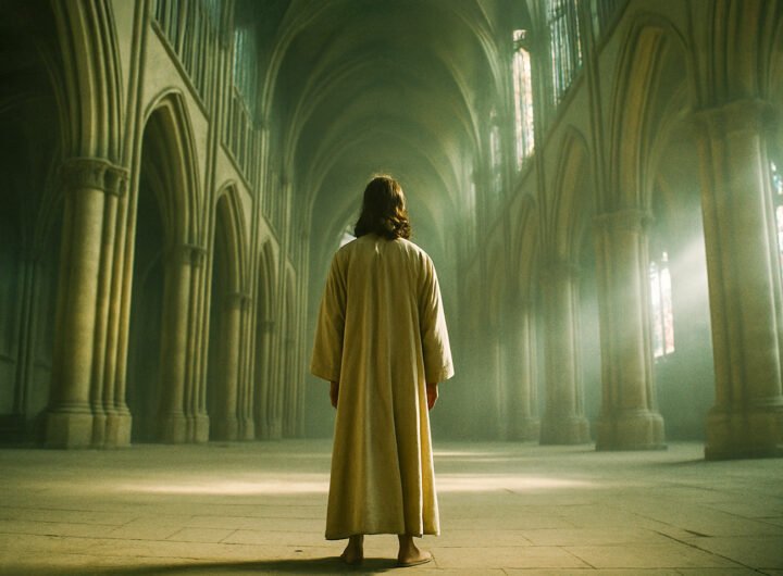 Jezus van achteren gezien in een lege kerk, omgeven door licht en stilte