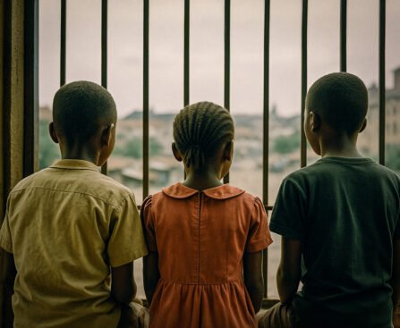 Drie Nigeriaanse kinderen kijken door tralies naar buiten als symbool voor migratie en hoop.