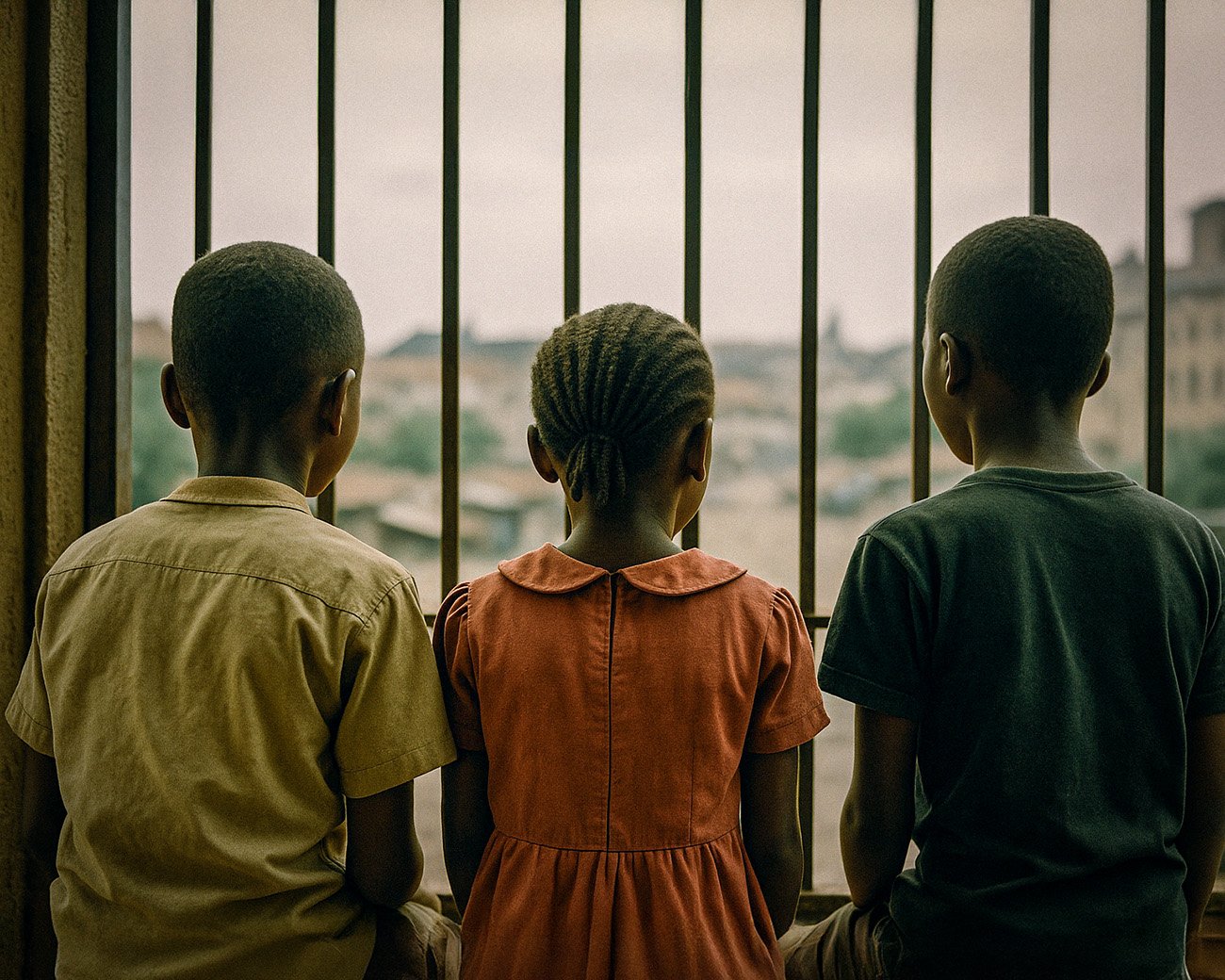 Drie Nigeriaanse kinderen kijken door tralies naar buiten als symbool voor migratie en hoop.