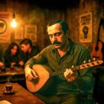 Een Turkse man speelt saz in een arbeiderscafé met antifascistische posters op de muur.