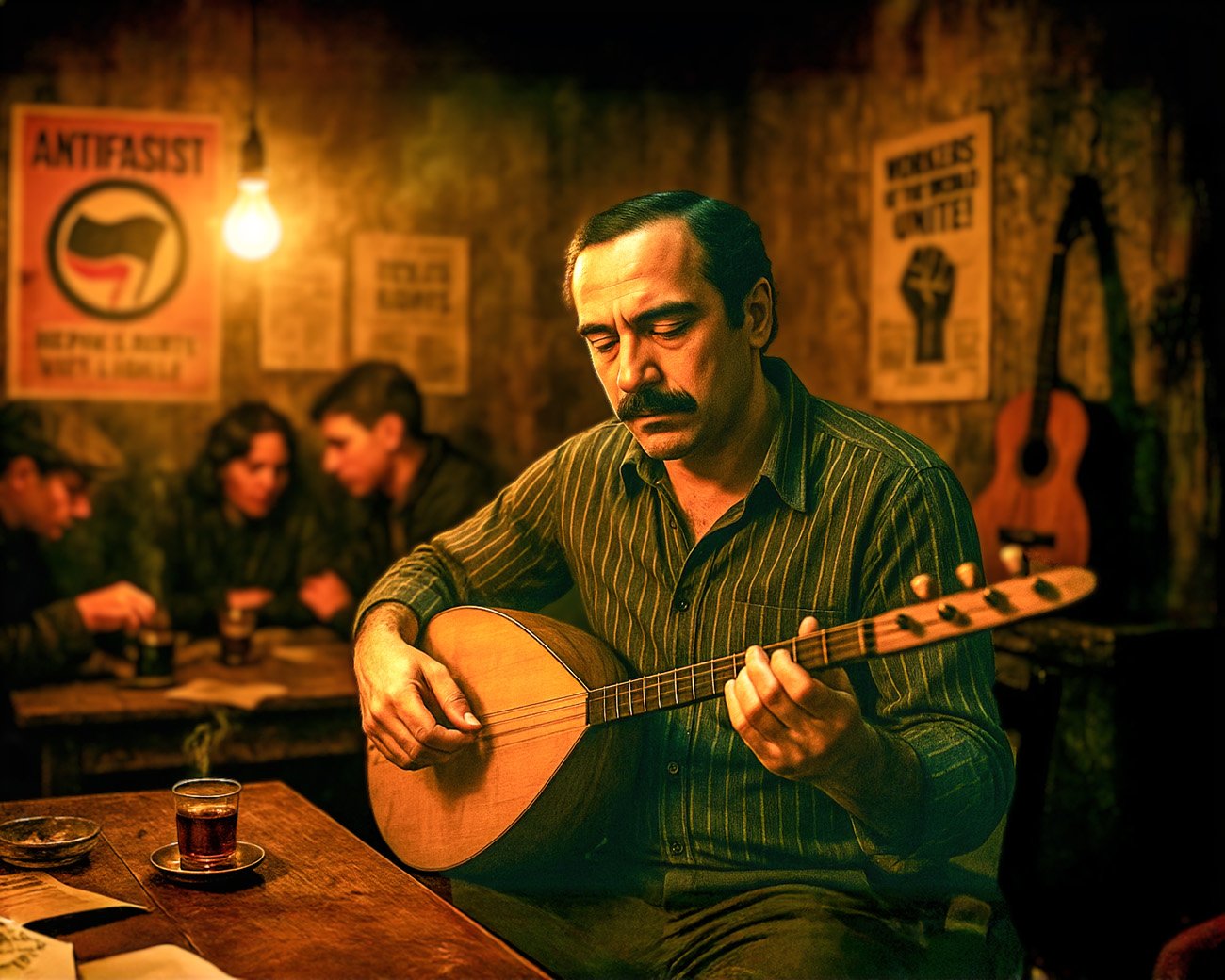 Een Turkse man speelt saz in een arbeiderscafé met antifascistische posters op de muur.