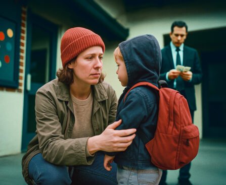 Een ouder buigt zich bezorgd naar haar kind bij de kinderopvang terwijl op de achtergrond een zakenman geld telt.