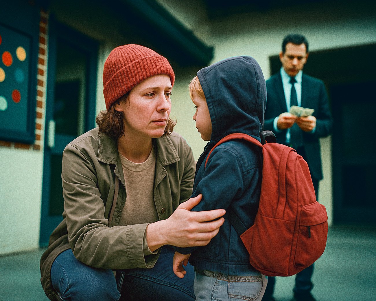 Een ouder buigt zich bezorgd naar haar kind bij de kinderopvang terwijl op de achtergrond een zakenman geld telt.
