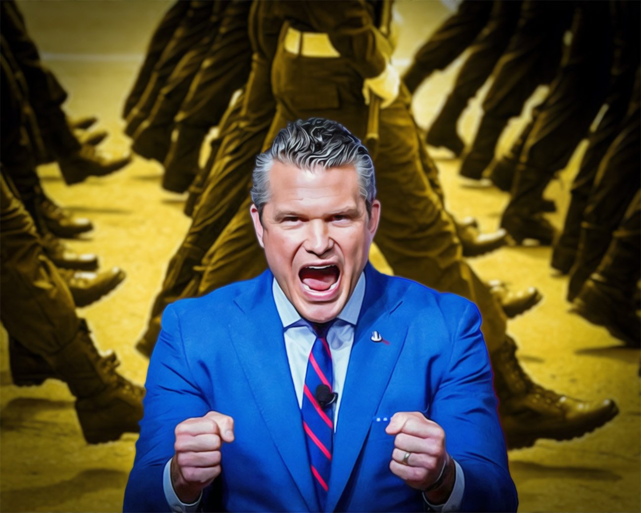Pete Hegseth spreekt fel met marcherende militairen op de achtergrond