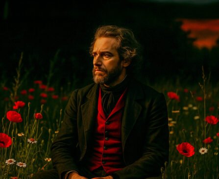 Portret van een man in donkere kleding zittend in een veld met klaprozen bij zonsondergang.