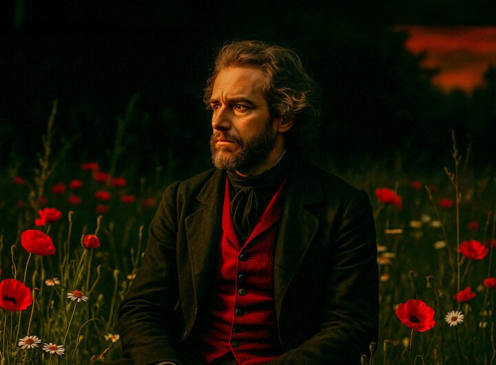 Portret van een man in donkere kleding zittend in een veld met klaprozen bij zonsondergang.
