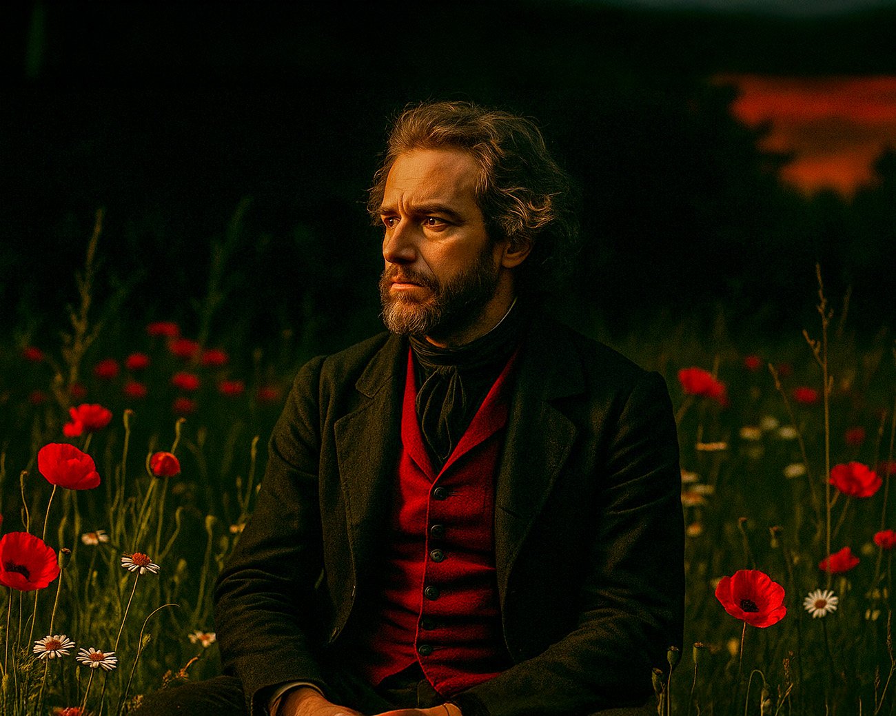 Portret van een man in donkere kleding zittend in een veld met klaprozen bij zonsondergang.