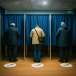 Drie mensen stemmen in een stemhokje tijdens de Nederlandse verkiezingen van 2025