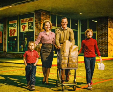 Amerikaans gezin in jaren 50 bij supermarkt met volgeladen winkelwagentje