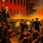 Afbeelding van de Haymarket-opstand in Chicago met arbeiders en politie in confrontatie, symbool voor The Alarm en de anarchistische beweging.