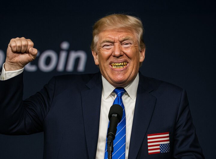 Donald Trump met gouden tanden en opgeheven vuist, lachend op een crypto-evenement