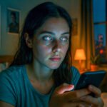 Jonge vrouw kijkt naar smartphone terwijl AI-beelden in haar ogen weerspiegelen, symbool voor digitale beïnvloeding.